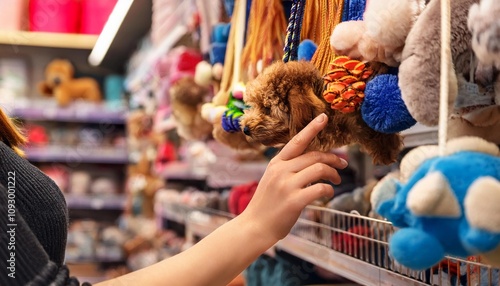 shopping - a woman's hand selects goods on the shelves of a toy store
