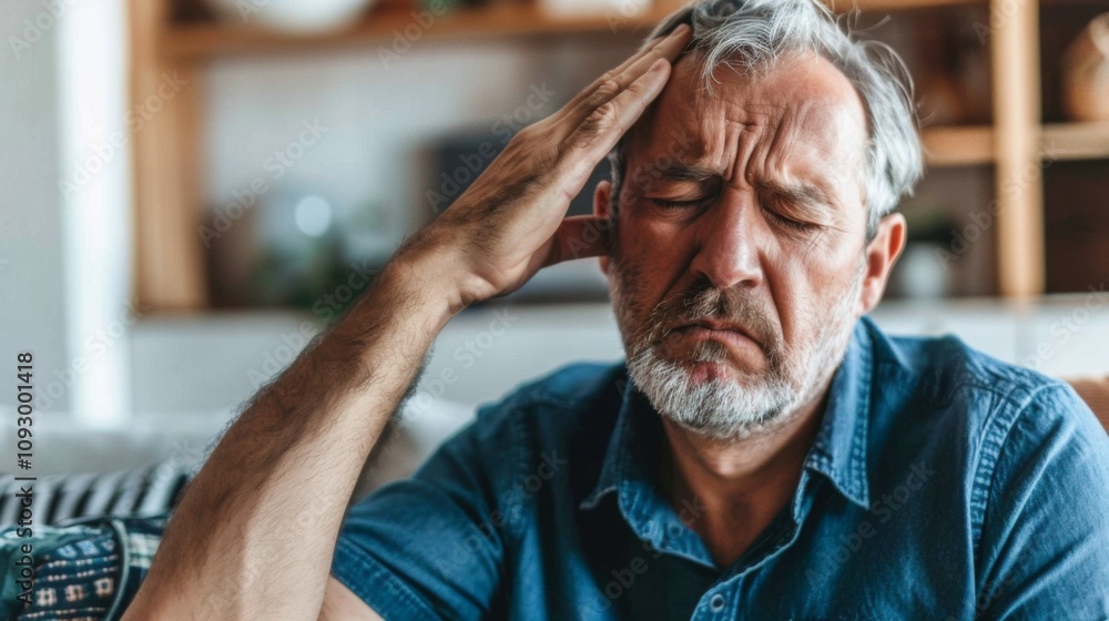 Stressed Middle-Aged Man Holding Head in Quiet Room with Soft Natural Light Stressed Middle-Aged Man Holding Head in Quiet Room with Soft Natural Light