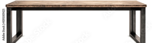 Modern wooden dining table with metal legs on a white isolated background