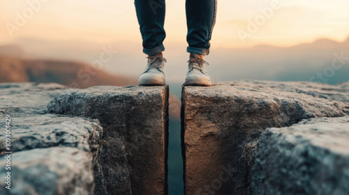 Success or Failure. A person stands precariously on the edge of a rocky crevice, capturing a moment of tension between danger and determination against a beautiful sunset backdrop.