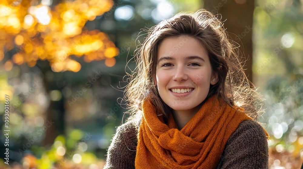 Cheerful young woman sitting in an autumn park surrounded by colorful leaves and sunlight filtering through the trees in the background wearing a cozy orange scarf and expressing a happy Cheerful young woman sitting in an autumn park surrounded by colorful leaves and sunlight filtering through the trees in the background wearing a cozy orange scarf and expressing a happy