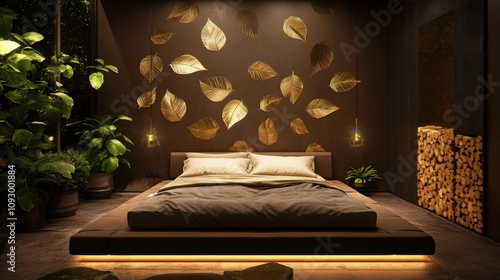 Refined deep-brown bedroom, featuring a leaf-patterned wall with golden accents. The low, inviting bed is surrounded by soft lighting and leafy green plants, radiating warmth and sophistication. photo