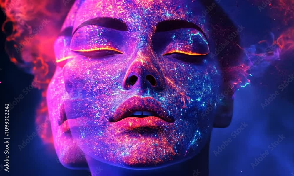 Glowing woman's face with nebula makeup, pink, blue, smoke. Glowing woman's face with nebula makeup, pink, blue, smoke.