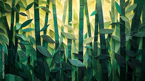 Vibrant paper cut artwork depicting a Japanese bamboo grove with layers of green stalks and soft filtered light streaming through the lush natural foliage  The image exudes a sense of tranquility photo