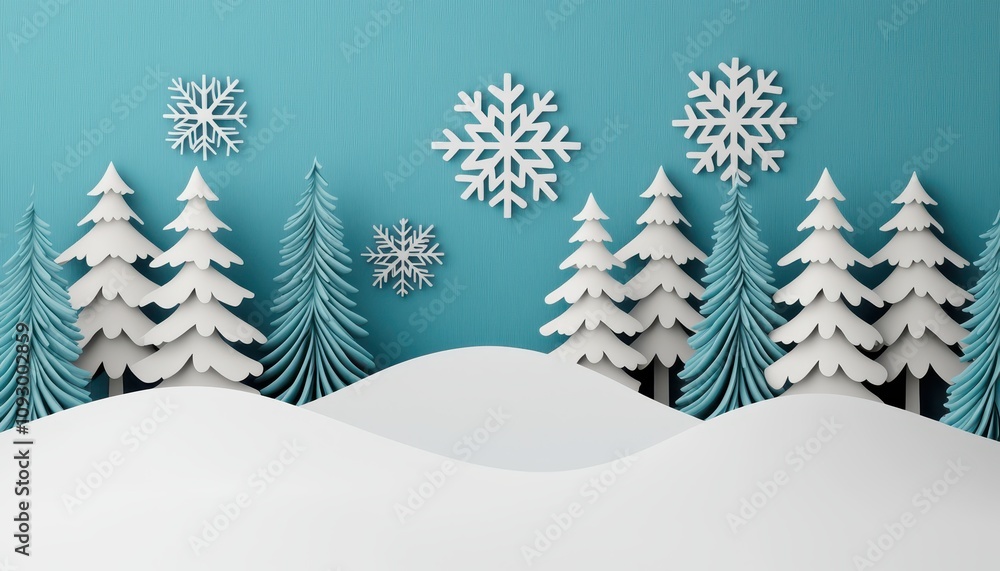 Winter holiday banner, snowy landscape with snowflakes, 3D illustration Winter holiday banner, snowy landscape with snowflakes, 3D illustration