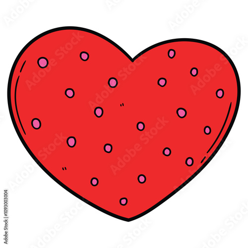 Hand drawn cartoon red heart with pink dots on white background.