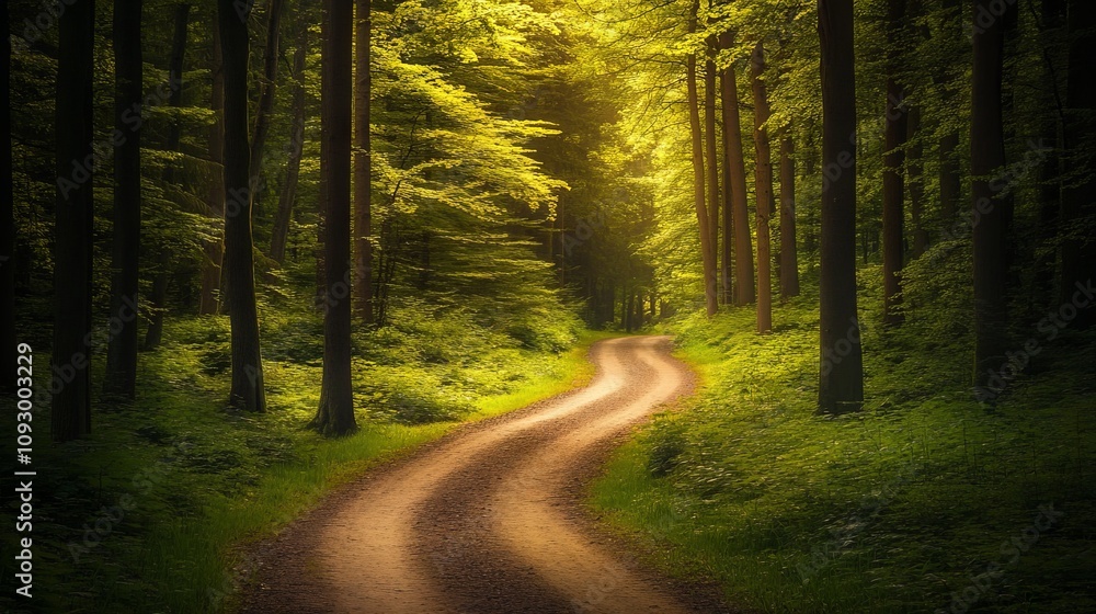 Obraz premium Beautiful Green Forest with Trees and a Path in Spring or Summer. AI generated illustration