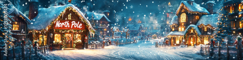 A Christmas scene with a red sign that says North Pole. The scene is filled with snow and houses