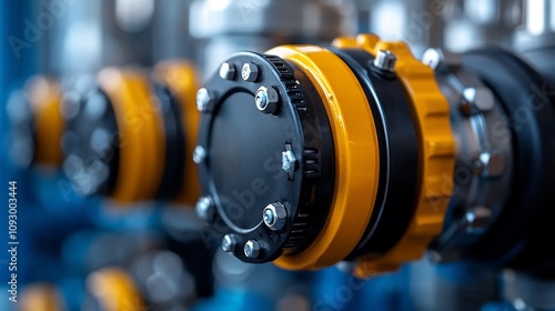 Close up photograph capturing the intricate details of a petrochemical plant s complex network of metallic pipes valves and industrial equipment