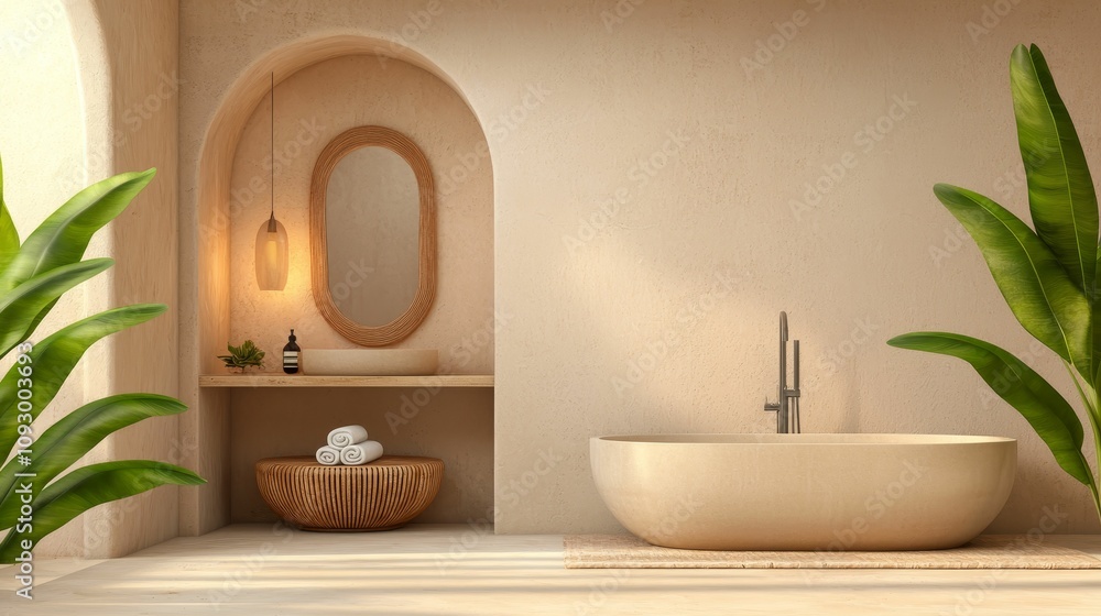 Fototapeta premium interior design sustainable bohemian concept, A serene bathroom featuring a modern freestanding tub, natural elements, a curved archway, and lush green plants, creating a tranquil and stylish atmosphe