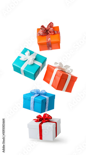 Gift boxes floating in mid-air, isolated on white background