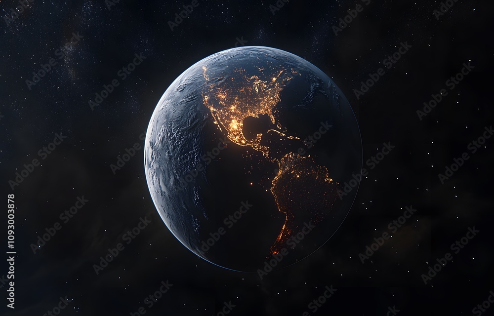 Fototapeta premium Earth at night, city lights aglow, North & South America visible, vast darkness of space