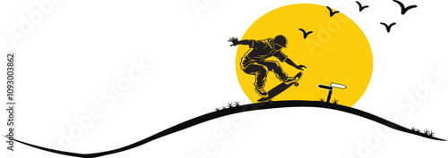  Boy with skateboard maneuver sports skilled, skateboarder performing a trick mid air black vector