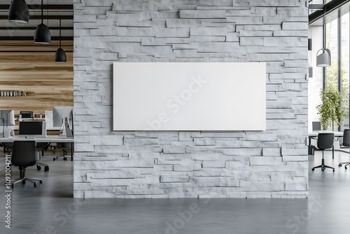 Fototapeta Naklejka Na Ścianę i Meble -  Blank horizontal poster on grey stone wall in modern office. 3D rendering