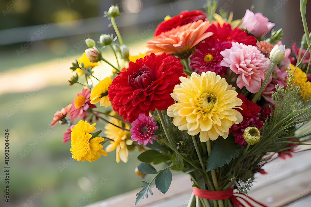 Colorful Garden Delight: Bright Pink, Red, and Yellow Flowers Creating a Stunning Summer Landscape Colorful Garden Delight: Bright Pink, Red, and Yellow Flowers Creating a Stunning Summer Landscape