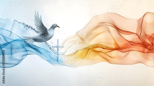 A vibrant banner featuring images of a dove, water, and a cross, symbolizing the Christian sacraments of Baptism and Confirmation, representing spiritual rebirth and the strengthening of faith.