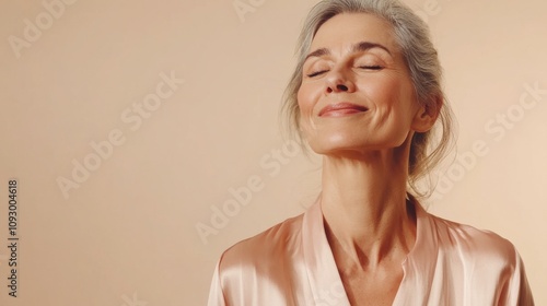 portrait of a smiling 60 year old beautiful woman with natural makeup in a silk robe on a beige background, beauty and skin care concept,  anti age