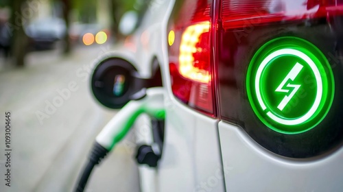 Close up view of a contemporary electric vehicle charging station with a glowing green energy symbol displayed on the station s interface photo