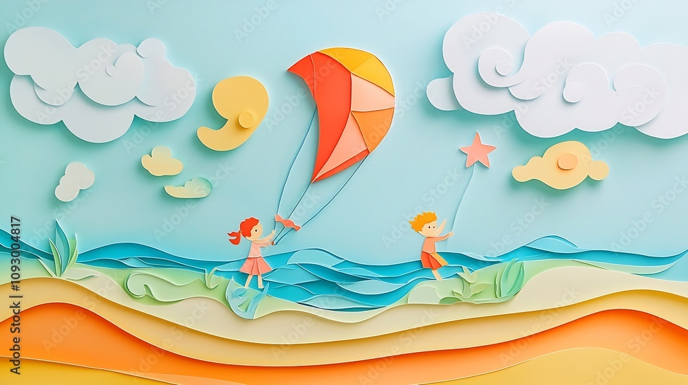 Whimsical Paper Cut Design of Children Flying Colorful Kites on a Sunny Beach with Vibrant Layers of Sky and Ocean Whimsical Paper Cut Design of Children Flying Colorful Kites on a Sunny Beach with Vibrant Layers of Sky and Ocean