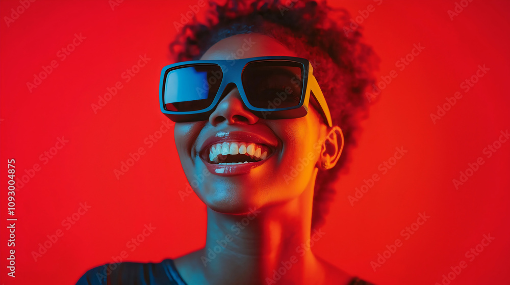 African American woman in glasses watching a 3d cinema movie, young and happy portrait enjoying entertainment with popcorn and a cheerful lifestyle vibe African American woman in glasses watching a 3d cinema movie, young and happy portrait enjoying entertainment with popcorn and a cheerful lifestyle vibe