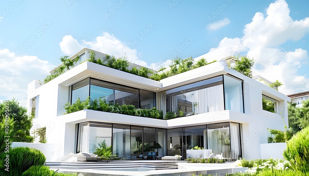 A contemporary villa with clean lines large windows and a lush green rooftop garden, Ai Generated A contemporary villa with clean lines large windows and a lush green rooftop garden, Ai Generated