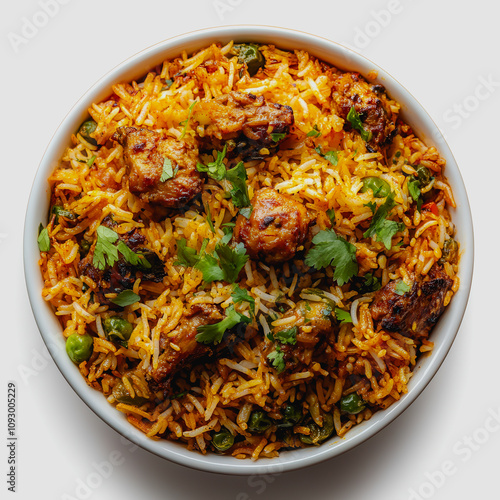 Delicious Plate of Biryani with Rice, Chicken, and Green Vegetables Garnished with Fresh Coriander on a White Background for Food Lovers and Culinary Enthusiasts