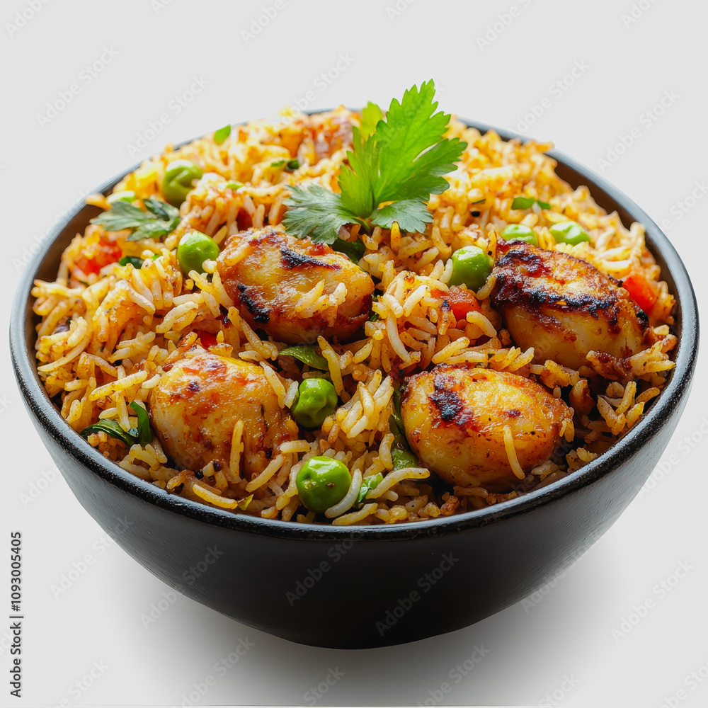 Delicious and Flavorful Dish of Biryani Featuring Spiced Rice, Tender Potatoes, Green Peas, and Garnished with Fresh Coriander Leaves in a Black Bowl Delicious and Flavorful Dish of Biryani Featuring Spiced Rice, Tender Potatoes, Green Peas, and Garnished with Fresh Coriander Leaves in a Black Bowl