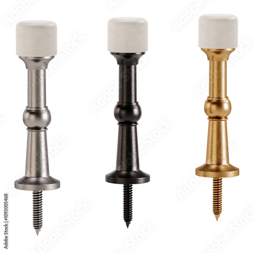 Three different colored door stoppers are shown on a white background photo