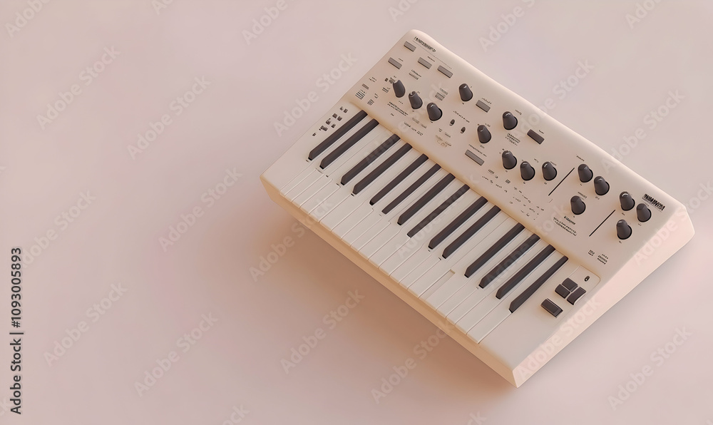 Modern beige synthesizer keyboard isolated on a light pink background. Ideal for music production, technology, and design concepts. Modern beige synthesizer keyboard isolated on a light pink background. Ideal for music production, technology, and design concepts.