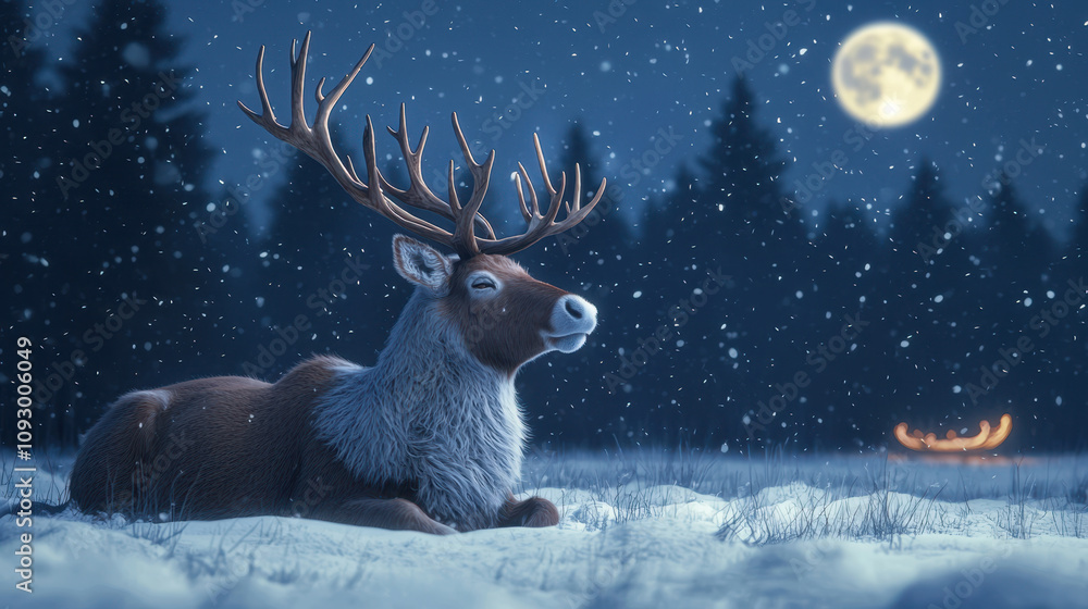 Fototapeta premium Christmas background wallpaper decorations scenery. Resting reindeer in snowy field under moonlight