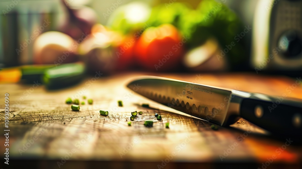 Close-up of a sharp kitchen knife on a wooden cutting board, with vegetables and fruits in the background, highlighting the precision and danger of culinary tools. Close-up of a sharp kitchen knife on a wooden cutting board, with vegetables and fruits in the background, highlighting the precision and danger of culinary tools.