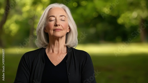 A serene older woman meditates outdoors, embodying peace and mindfulness amidst a lush green background.