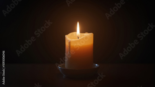 Burning candle illuminating dark room creating warm ambiance