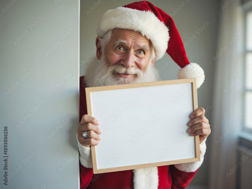 Santa claus showing blank whiteboard for christmas message Santa claus showing blank whiteboard for christmas message