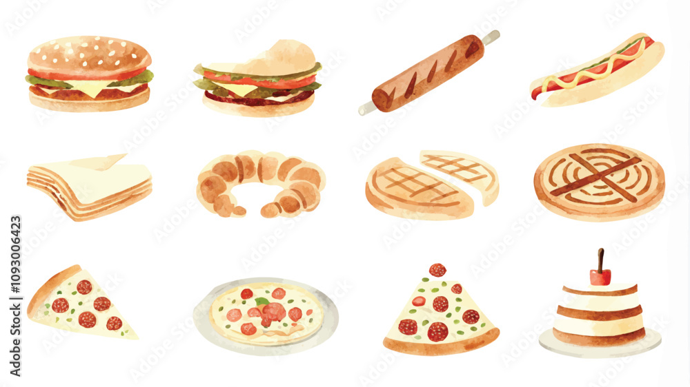Set of watercolor fast food icons on white background. Vector illustration Set of watercolor fast food icons on white background. Vector illustration