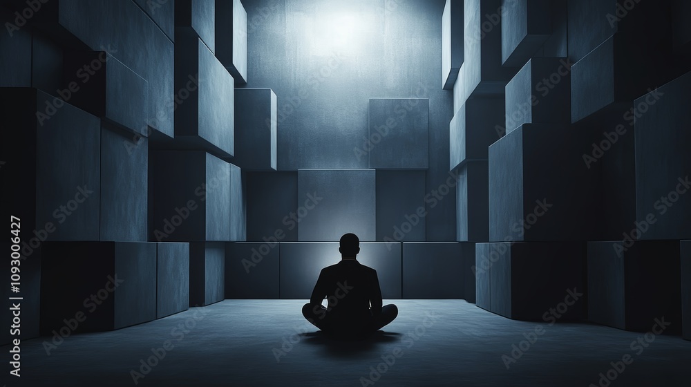 Dramatic light and shadow, silhouette of a person in dark room illuminated by single light beam Dramatic light and shadow, silhouette of a person in dark room illuminated by single light beam