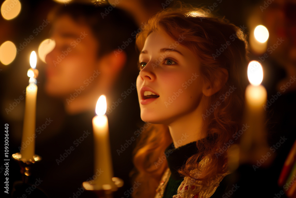 A woman with long red hair is holding a candle in her hand. She is surrounded by other people holding candles, and they are all looking up at something. Scene is solemn and spiritual A woman with long red hair is holding a candle in her hand. She is surrounded by other people holding candles, and they are all looking up at something. Scene is solemn and spiritual