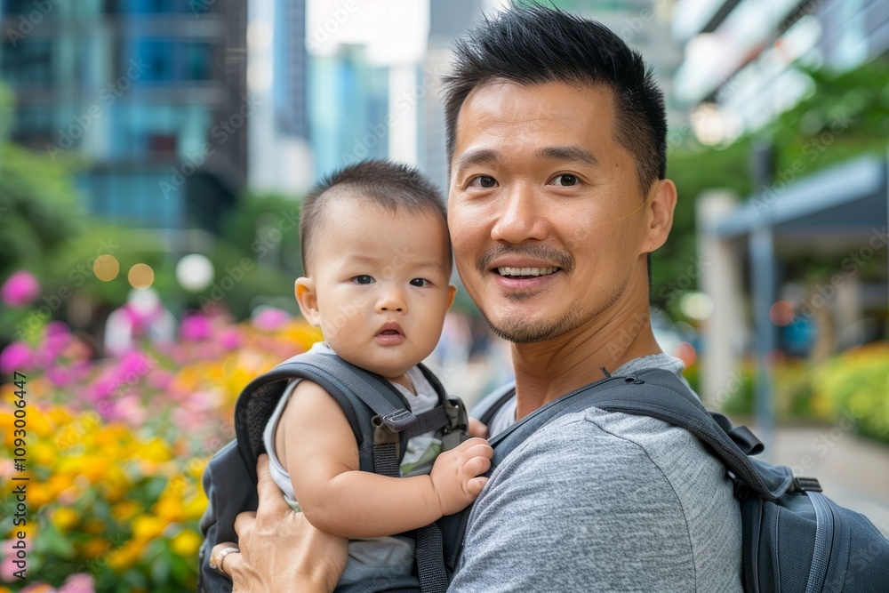 Father smiling while carrying baby outdoors in urban setting surrounded by colorful flowers, happy family walk concept Father smiling while carrying baby outdoors in urban setting surrounded by colorful flowers, happy family walk concept