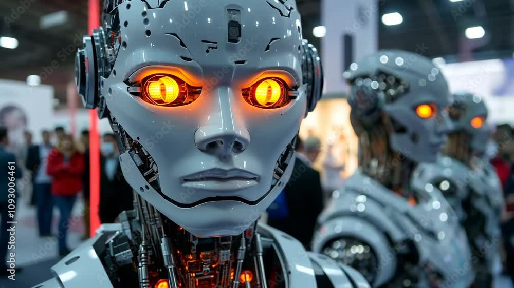 Futuristic robots on display at an international technology expo showcasing advancements in artificial intelligence and robotics Futuristic robots on display at an international technology expo showcasing advancements in artificial intelligence and robotics