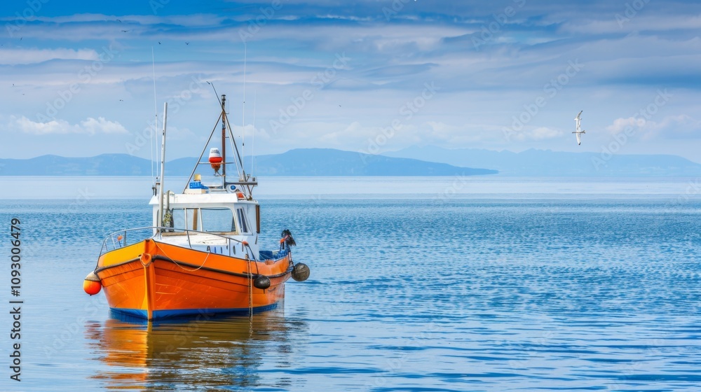 Rescue Boat with Life Buoy on Calm Blue Sea Amidst Seagulls Rescue Boat with Life Buoy on Calm Blue Sea Amidst Seagulls