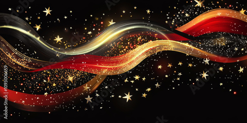 A colorful wave with stars and a black background. The wave is made up of different colors and the stars are scattered throughout the wave. Scene is bright and lively