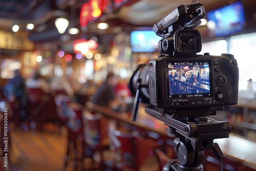 Photography camera capturing vibrant bar scene with people, tables, lights, creating dynamic atmosphere indoors, nightlife imagery concept Photography camera capturing vibrant bar scene with people, tables, lights, creating dynamic atmosphere indoors, nightlife imagery concept