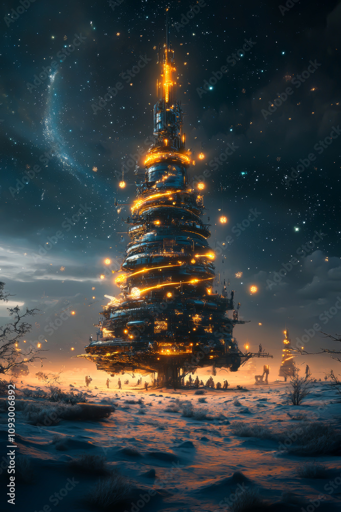Obraz premium A Christmas tree with a glowing light on top of it. The tree is surrounded by a snowy landscape