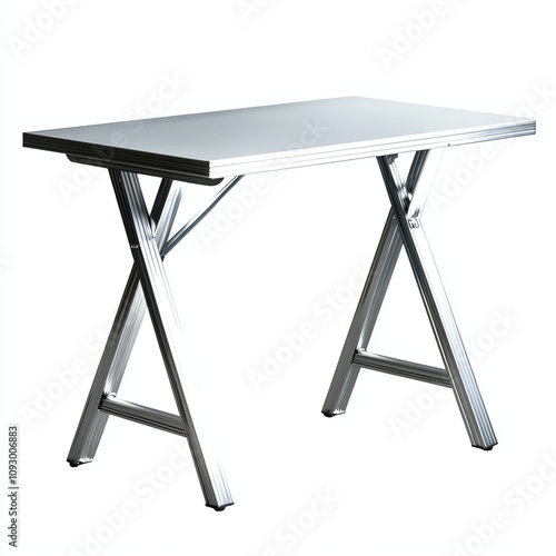 Folding table with silver frame on white isolated background.