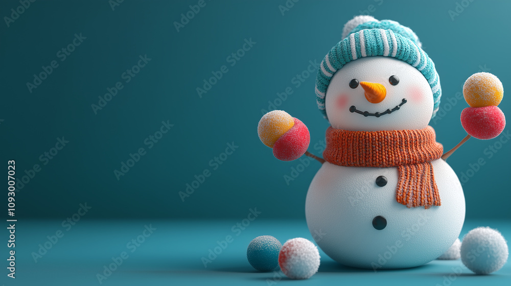 Illustration of snowman in scarf and hat, character, mascot, banner with copy space, Happy New Year and Merry Christmas