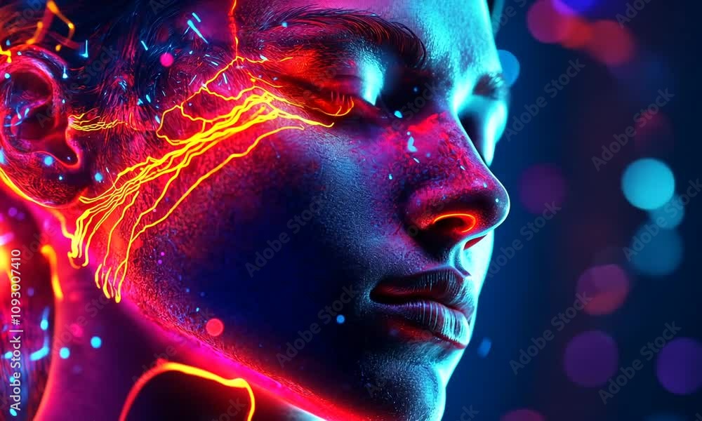 Neon-lit profile of a face, glowing with vibrant colors and energy. Neon-lit profile of a face, glowing with vibrant colors and energy.