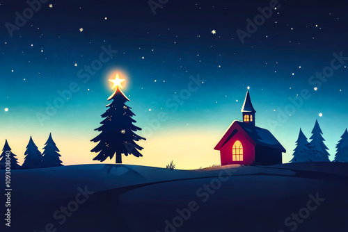 A Christmas scene with a red church and a tree with a star on top. The scene is set in a snowy field