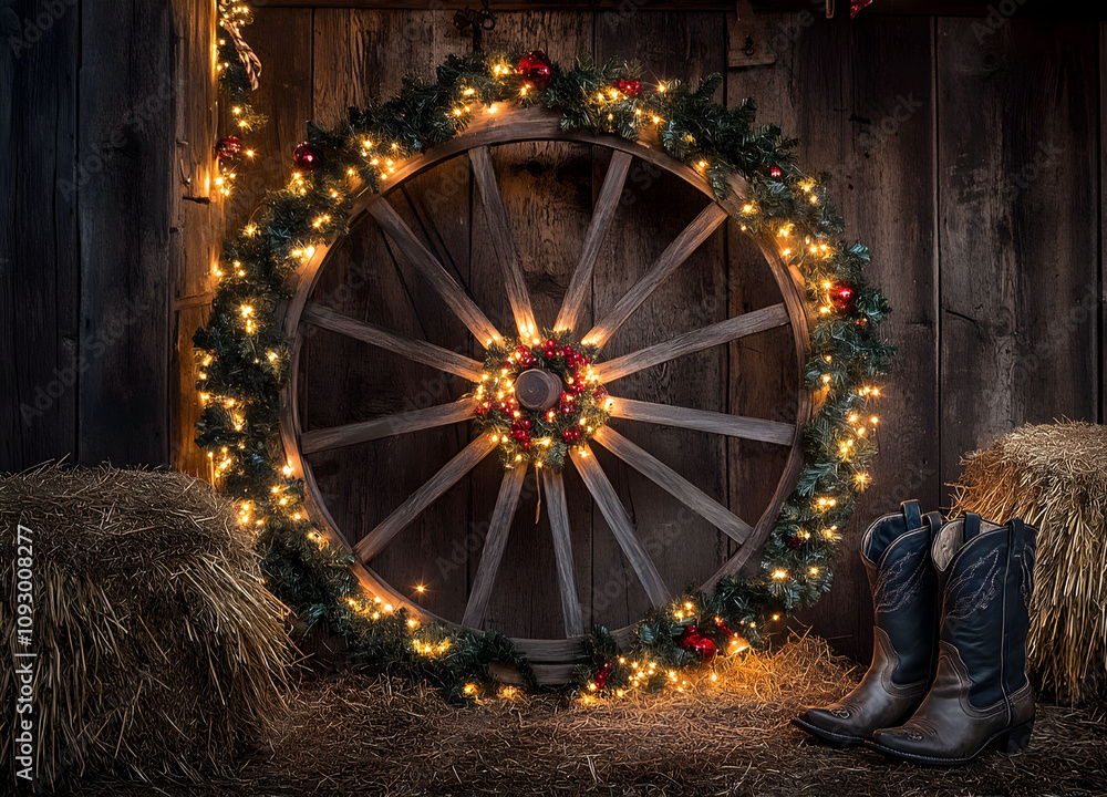Fototapeta premium Rustic western holiday decor featuring a wagon wheel adorned with lights and greenery with cowboy boots.