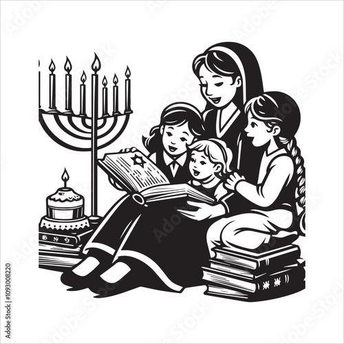 Jewish Mother and Children Reading Together by the Menorah. A heartwarming illustration of a Jewish mother reading a book to two children, situated in a cozy room with a menorah.