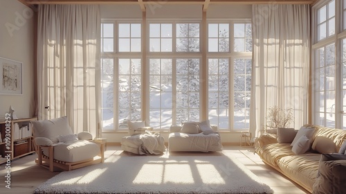 Cozy and Inviting Scandinavian Style Living Room with Plush Rug Comfortable Furniture and Large Windows Allowing Abundant Natural Light to Flood the Space Creating a Serene and Peaceful Ambiance